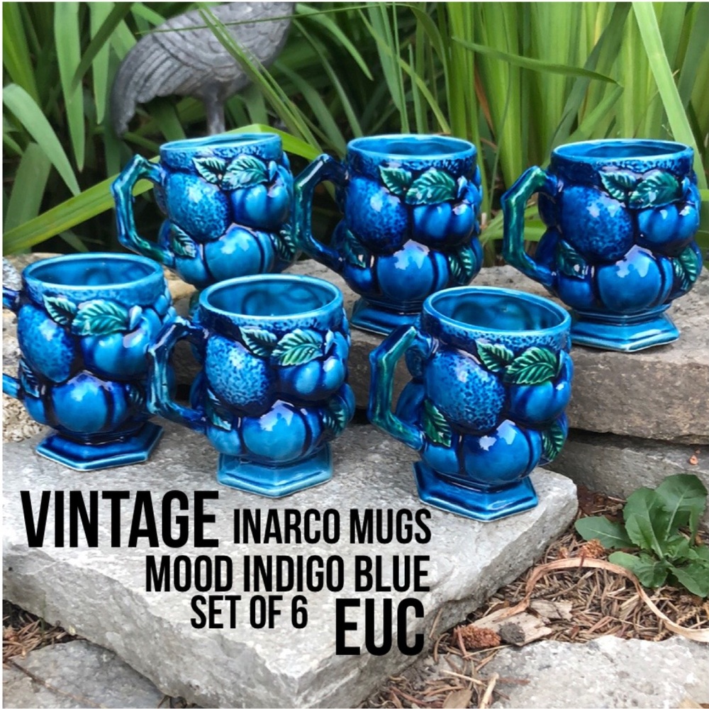 Vintage Mood Indigo Blue Inarco Mugs-Set of 6-EUC-Ceramic-Made in Japan-1960’s